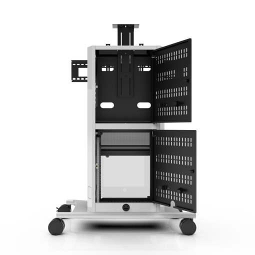 Avteq RPS-1000S Mobile Cart for single displays without a display. Back view with open rear-access doors.