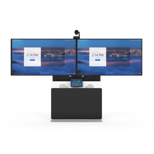 ELT-2000L with dual 65inch displays, Logitech PTZ Camera, and Logitech Tap Cradle Front View