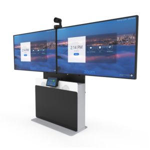 ELT-2000L with dual 65inch displays, Logitech PTZ Camera, and Logitech Tap Cradle Front Angled View