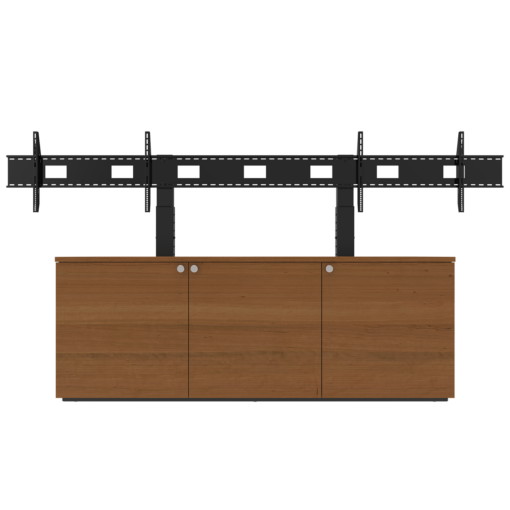 Avteq Thin 3-Bay Credenza with dual extra large display mount and veneer finish (CRED3VTHIN-DX). Front View