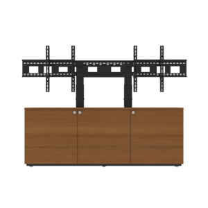 Thin 3-Bay dual display Credenza with uprights, UM-2 mount, and veneer finish front view