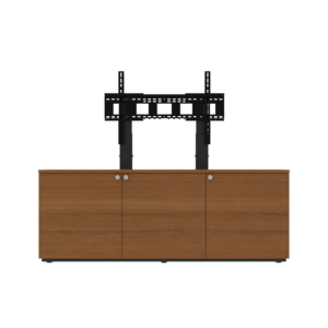 Thin 3-Bay single display Credenza with uprights, UM-1 mount, and veneer finish front view