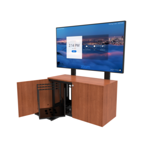 2-Bay Credenza Front Angled View with Single Display and Open Rack