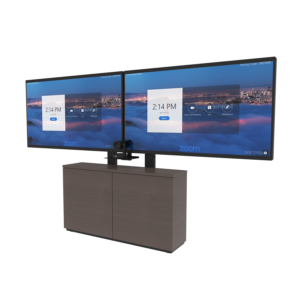 Thin 2-Bay Credenza Front Angled View Dual Display with PTZ Camera