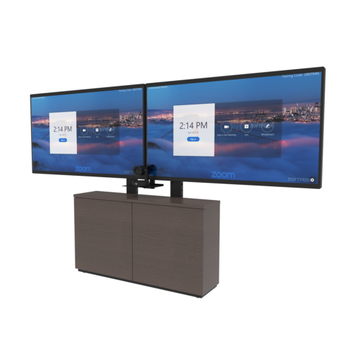 Avteq Thin 2-Bay Credenza with a veneer finish, dual displays (CRED2VTHIN-D) and PTZ Camera, Front Angled View