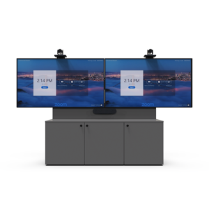 3-Bay Credenza with dual 75 inch display with two PTZ cameras front view