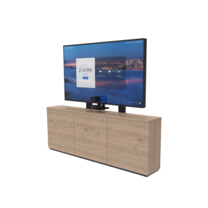 Thin 3-Bay Credenza Front Angled View with Single Display and PTZ Camera