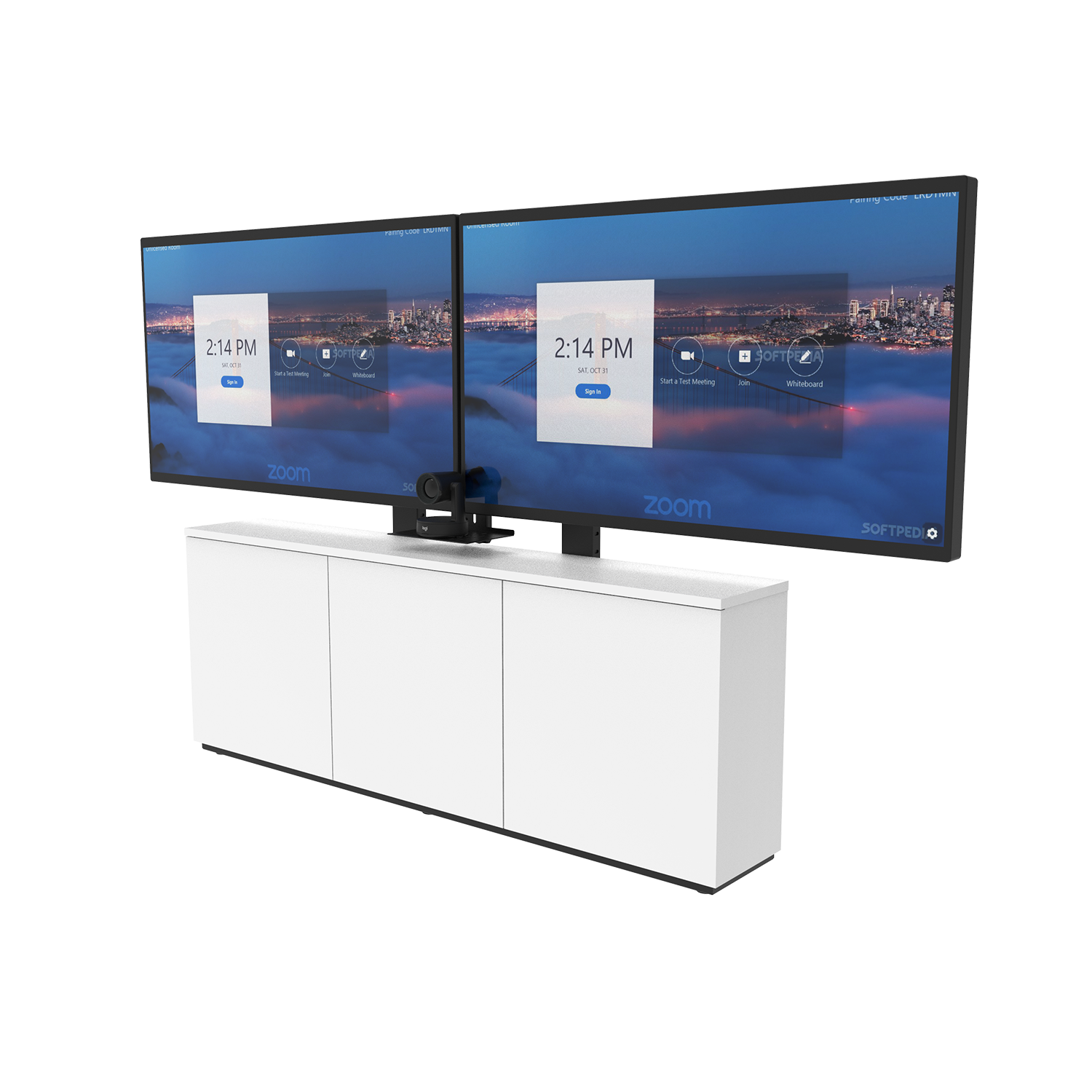Thin 3-Bay Credenza Front Angled View with Dual Display and PTZ Camera White Finish