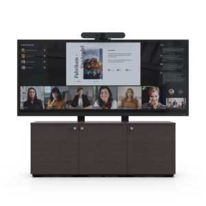 Thin 3-Bay Credenza Front View with Single Display and Video Bar Camera