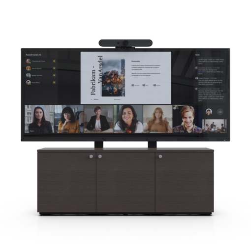 Avteq Thin 3-Bay Credenza with single display mount, single display, veneer finish (CRED3VTHIN-S), and video bar. Front View