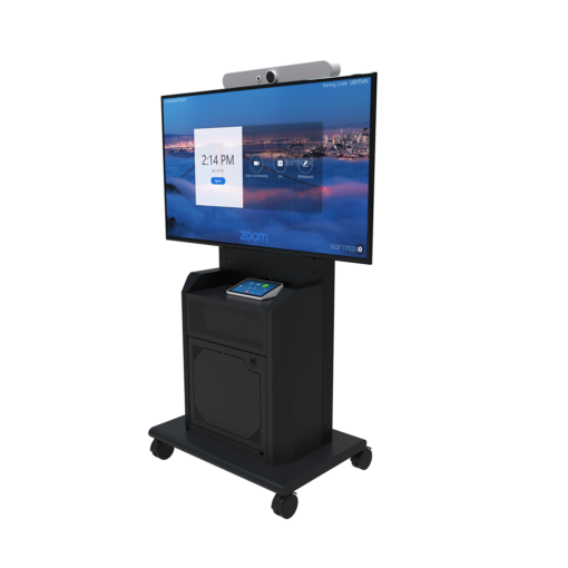 Avteq RPS-800S Mobile Cart with a single display and video bar, and touch panel. Front Angled View