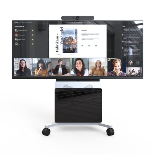 Avteq ELT-2100S Mobile Cart with a single 21:9 ultrawide display and Logitech video bar, Front view