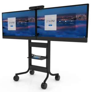 RPS-500L Mobile Cart with dual displays and a Poly camera, front angled view