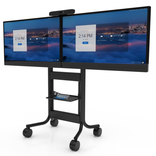 Avteq RPS-500L Mobile Cart with dual displays and a Poly camera, front angled view