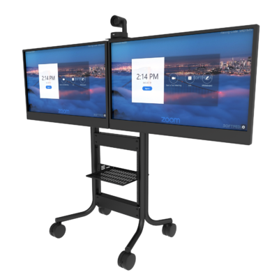 RPS-500L Mobile Cart with dual displays and a Logitech PTZ camera, front angled view