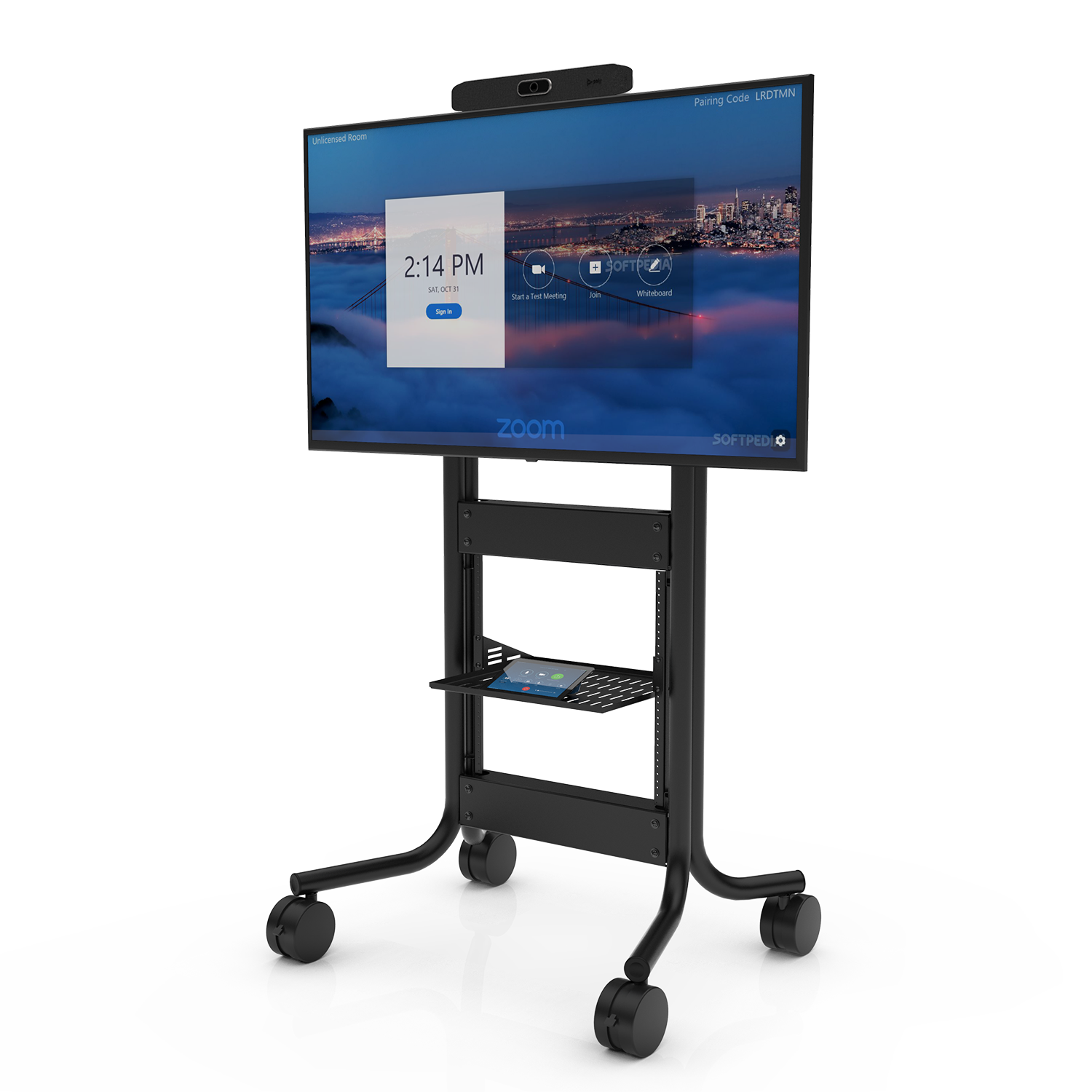 RPS-500S Mobile Cart with a single display and Poly camera, front angled view