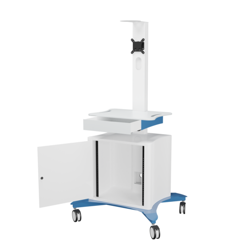 Avteq TMP-300 Telemedicine Mobile Cart with the front door open, Front angled view