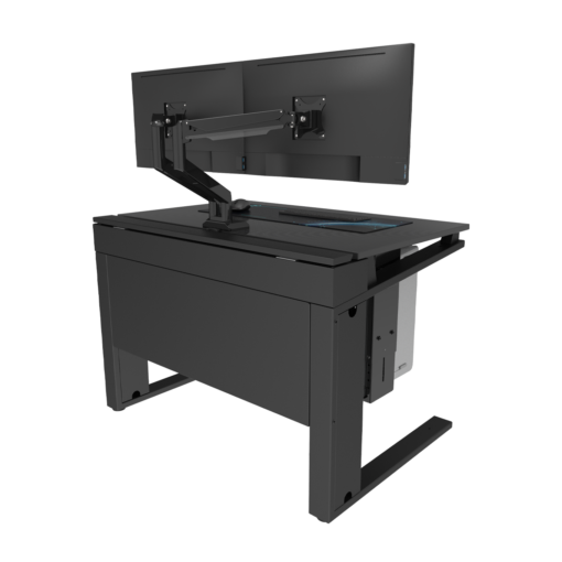 Avteq Esports Gaming Desk (ESD-1) with CPU Sling accessory and Dual Monitor Clamp Mount accessory. Back angled view.