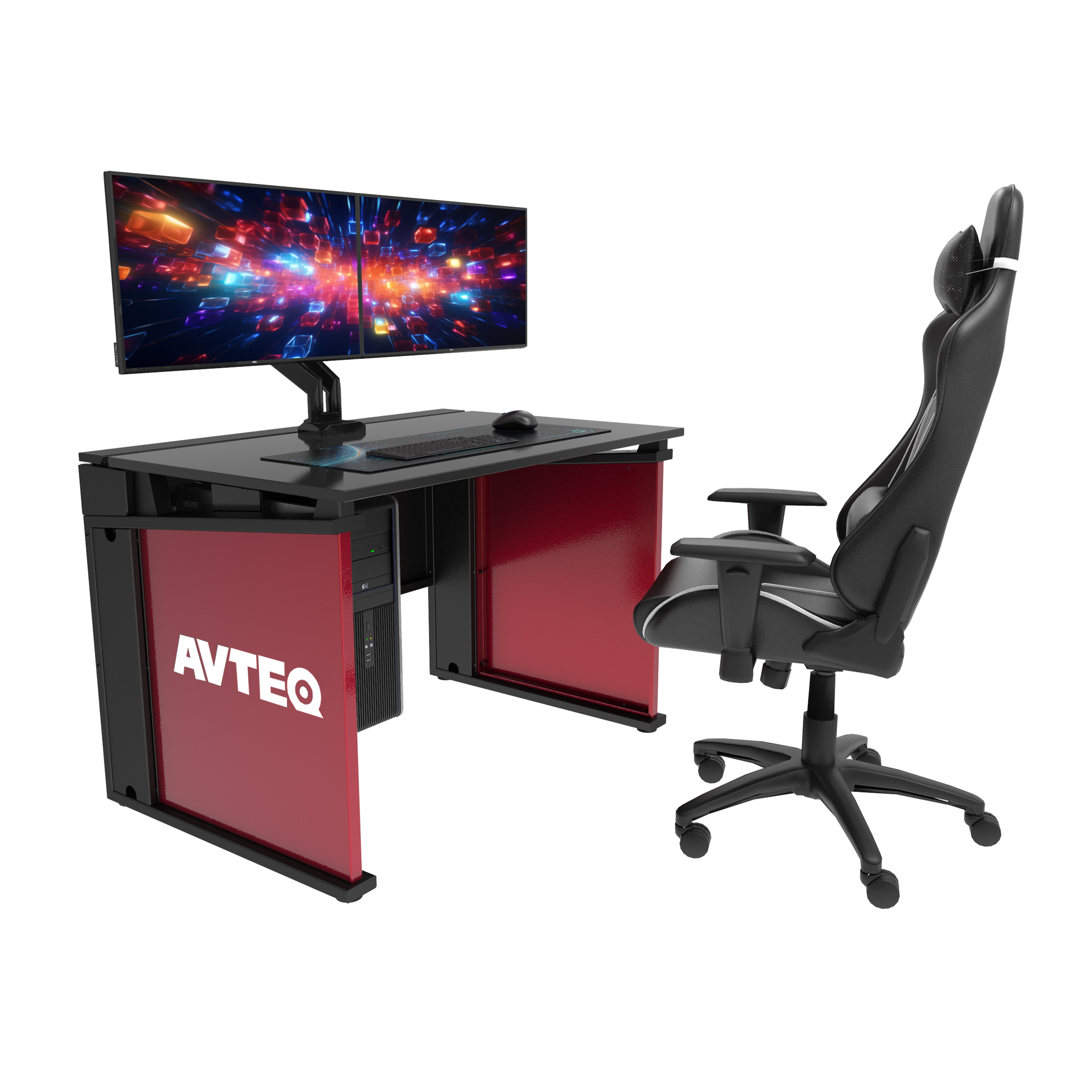 Avteq Esports Gaming Desk (ESD-1) with customized branded End Panels, End Panels accessory, Dual Monitor Clamp Mount accessory with dual monitors, CPU Sling accessory, and Esports Gaming Chair. Front angled view.