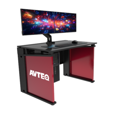 Avteq Esports Gaming Desk (ESD-1) with customized branded End Panels, End Panels accessory, Dual Monitor Clamp Mount accessory with dual monitors, and CPU Sling accessory. Front angled view.