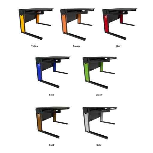 Avteq Esports Gaming Desk with custom leg cover finishes options. Available in Yellow, Orange, Red, Blue, Green, Gold, and Silver.