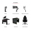 Avteq Esports Gaming Desk Optional Accessories including CPU Sling, Dual Monitor Clamp Mount, Single Monitor Clamp Mount, LED Lights, End Side Panels, and Esports Gaming Chair.