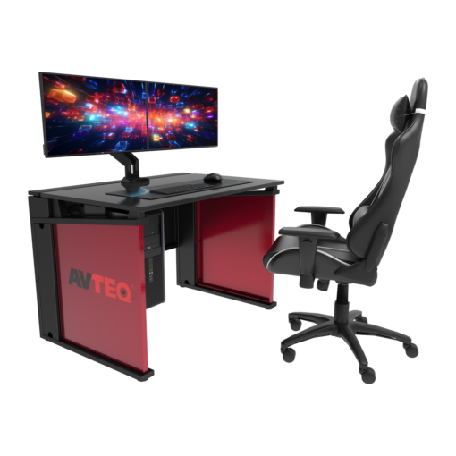 Avteq Esports Gaming Desk (ESD-1) with customized branded End Panels, End Panels accessory, Dual Monitor Clamp Mount accessory with dual monitors, CPU Sling accessory, and Esports Gaming Chair. Front angled view.