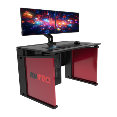 Avteq Esports Gaming Desk (ESD-1) with customized branded End Panels, End Panels accessory, Dual Monitor Clamp Mount accessory with dual monitors, and CPU Sling accessory. Front angled view.