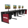 Avteq Esports Gaming Four Desk Bundle (ESD-4) with customized branded End Panels, End Panels accessory, CPU Sling, and Single Monitor Clamp Mount accessory. Front angled view.