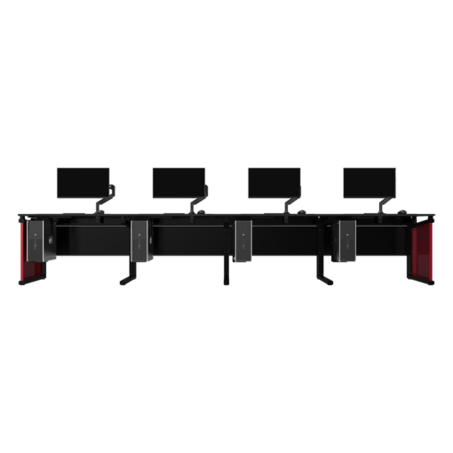 Avteq Esports Gaming Four Desk Bundle (ESD-4) with customized branded End Panels, End Panels accessory, CPU Sling, and Single Monitor Clamp Mount accessory. Front view.